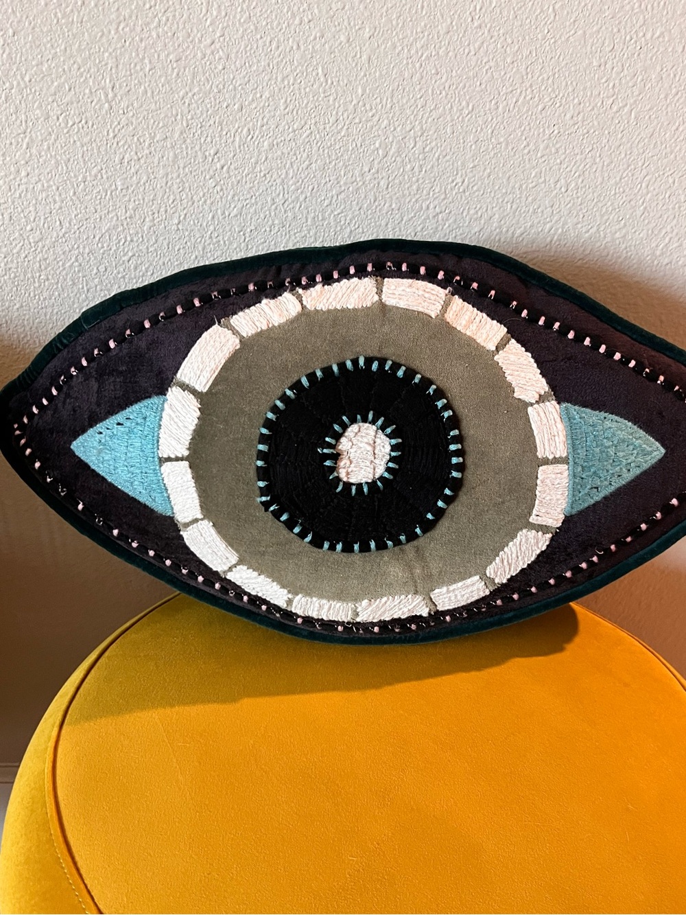 Cost Plus World Market Eye-Shaped Embroidered Pillow - Black, Olive & Teal